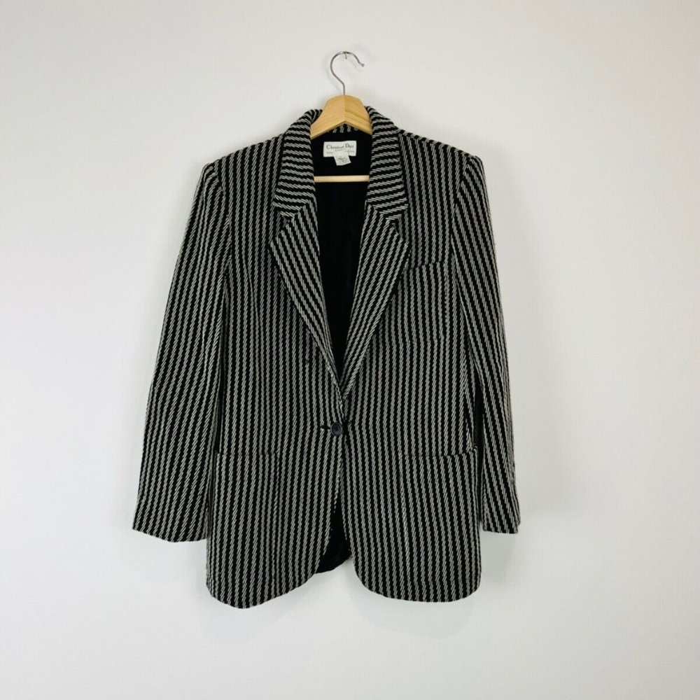 Christian Dior Vintage Black and Cream Striped Wool Tailored Blazer Jacket UK 14 - Picture 1 of 12
